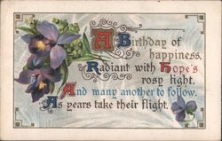 Birthday Greeting with Purple Flowers and Ornate Text, 1912 Postcard
