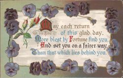 Birthday Greeting with Purple Pansies and Ornate Poem Postcard
