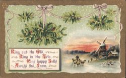 New Year's Mistletoe & Winter Landscape with Windmill, Tennyson Poem Postcard