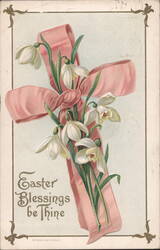 Easter Blessings be Thine Pink Ribbon Cross with Snowdrop Flowers Postcard