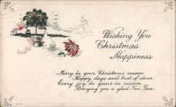 Christmas Happiness Greeting with Poinsettia and New Year's Wish Postcard