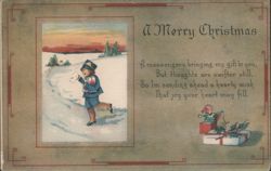 A Merry Christmas Child Messenger in Snow with Gifts, Ora OH 1919 Postcard