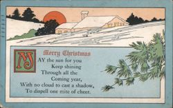 Merry Christmas & Happy New Year Snowy Landscape with Sun & Poem Postcard