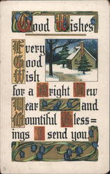 Good Wishes Bright New Year, Winter House Scene, Art Nouveau Lettering Postcard