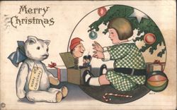 Merry Christmas Girl with Teddy Bear, Jack-in-the-Box & Christmas Tree Postcard