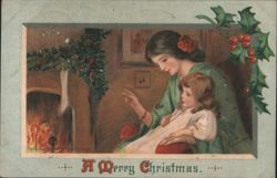 A Merry Christmas: Woman and Child by Fireplace with Holly Postcard