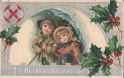 A Happy Christmastide: Children with Umbrella in Snow, Holly Border Postcard