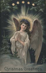 Christmas Greetings Angel with Halo, Wings, and Pine Trees Postcard