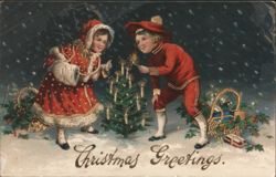 Children Decorating Christmas Tree in Snow, Christmas Greetings Postcard