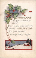 Christmas and New Year's Greeting with Holly and Snowy Landscape Postcard