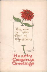 Poinsettia on Scroll Banner, Hearty Christmas Greetings Postcard