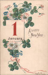 1 January A Happy New Year with Four-Leaf Clovers and Flowers Postcard