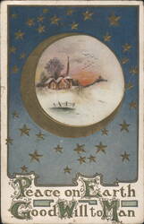 Christmas Winter Scene with Church in Crescent Moon, Peace on Earth Greeting Postcard