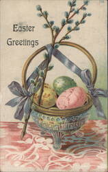 Easter Greetings with Decorated Eggs and Pussy Willows in Ornate Basket Postcard