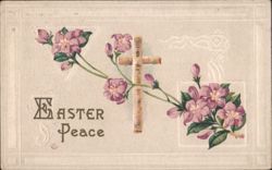 Easter Peace Greeting with Wooden Cross and Pink Flowers Postcard