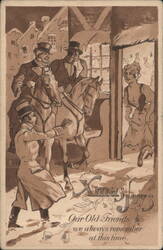 Xmas Joys: Men on Horseback Deliver Gifts to Woman at Doorway Postcard