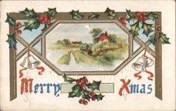 Merry Xmas Holly Berries Bells Framed Landscape Scene Postcard