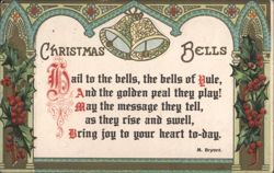 Christmas Bells with Holly and Yule Poem by M. Bryant Postcard