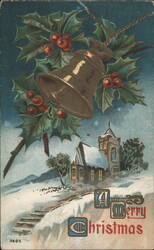Christmas Bell & Holly with Snowy Church, Merry Christmas Greeting Postcard