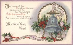 New Year's Wish with Christmas Bell, Holly, and Ribbons Postcard