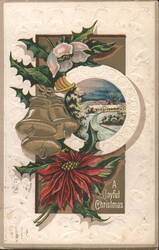 Christmas Bells, Holly, Poinsettia, Winter Scene - A Joyful Christmas Postcard