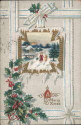 A Merry Xmas Greeting with Children in Snowy Winter Scene and Holly Postcard