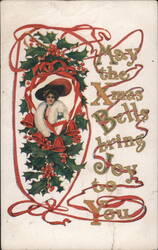 Christmas Greeting with Woman in Hat, Holly, Bells, and Ribbons Postcard