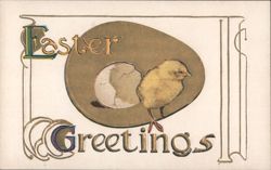 Easter Greetings with Chick and Cracked Egg Illustration Postcard