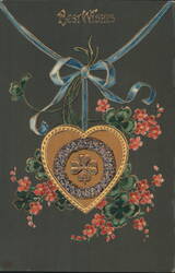 Best Wishes Card with Four-Leaf Clover, Heart, Blue Ribbons, and Flowers Postcard