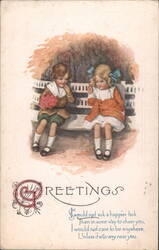 GREETINGS Children on Bench with Flowers - Boy and Girl Friendship Postcard