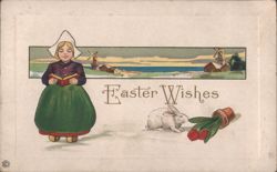 Dutch Girl Reading, Easter Bunny, Tulips, Windmills - Easter Wishes Postcard