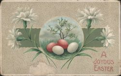 A Joyous Easter with White Carnations and Painted Eggs Illustration Postcard