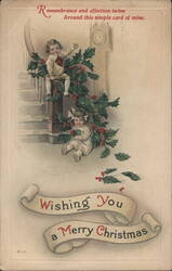 Christmas Greeting with Children and Holly on Staircase Postcard