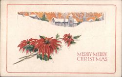 Poinsettias and Snow-Covered Village Christmas Greeting Postcard