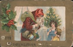 Santa Claus with Girls & Christmas Tree, Holly, Merry Christmas Postcard