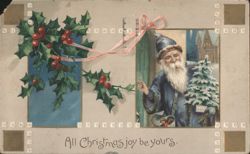 Santa Claus with Holly and Christmas Tree, 'All Christmas joy be yours.' Postcard