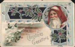 Santa Claus Christmas Greeting with Holly and Snowy Chimney Scene Postcard