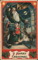 Santa Claus with Bell, Deer, and Doll on a Merry Christmas Night Postcard