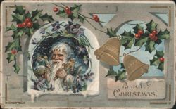 Santa Claus with Bells & Holly, 'A Jolly Christmas' Greeting Postcard