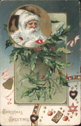 Santa Claus with Holly, Berries, Bell, and Christmas Greetings Postcard
