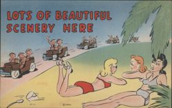 Comic Soldiers Admiring Beach Scenery and Women in Swimsuits Postcard
