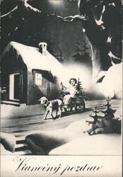 Slovak Christmas Greeting with Child, Goat, and Snowy Cabin Scene Postcard