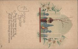 A Joyous Easter Greeting with Daffodils, Vase, and Chick Poem Postcard