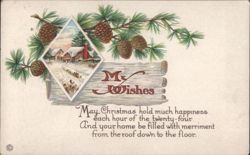 Christmas Wishes Snowy Village Pine Boughs Pinecones Poem Postcard