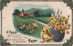 Easter Greeting with Chicks, Bunny, Flowers & Rural Village Scene Postcard