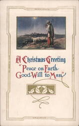 Christmas Greeting: Shepherd, Sheep, and Guiding Star with 'Peace on Earth' Postcard