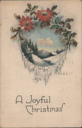 A Joyful Christmas Winter Cabin Scene with Poinsettias and Icicles Postcard