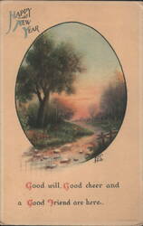 Happy New Year Landscape with Sunset and Good Will Greeting Postcard
