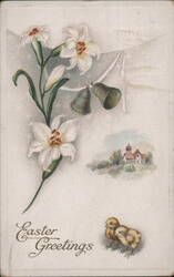 Easter Lilies, Bells, Chicks, and Village with Easter Greetings Text Postcard