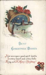 Christmas Bell with Winter Church Scene & Poinsettias, 'A Merry Christmas' Postcard